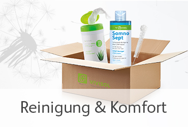 Kategorie Reinigung & Komfort: Reinigungsprodukte für Masken und Schläuche in einem Karton.