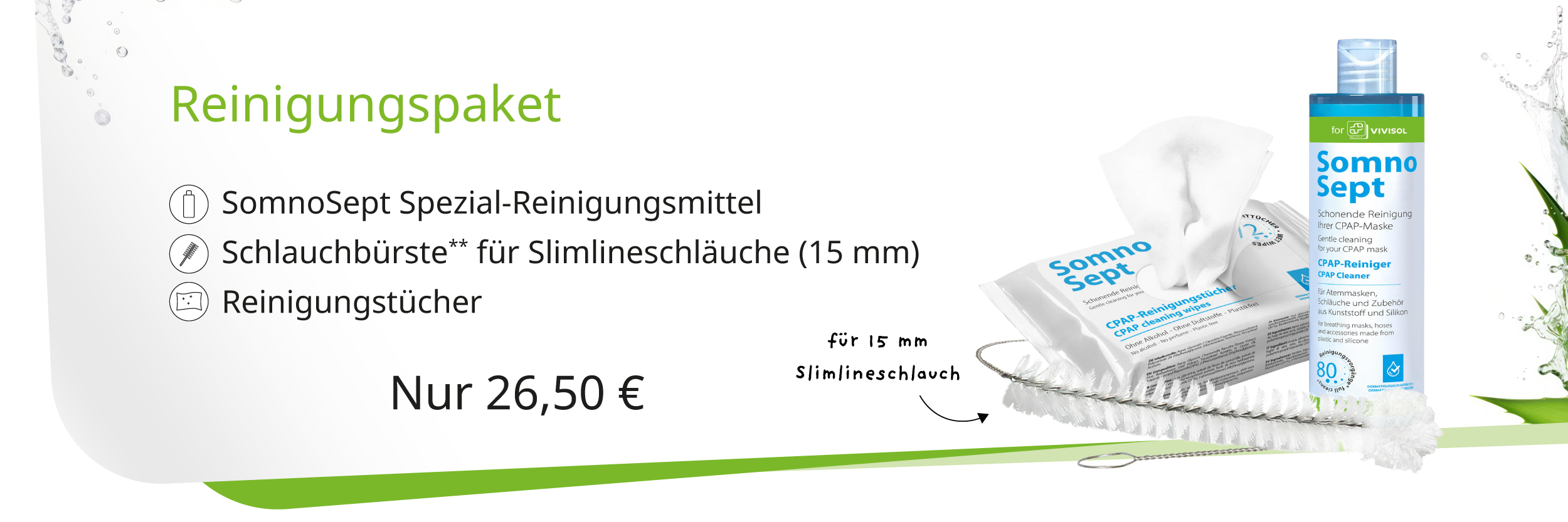 Werbebanner für das Reinigungs-Starterpaket: Zeigt das Set bestehend aus SomnoSept Reiniger, einer Schlauchbürste und Reinigungstüchern für Slimline-Schläuche.