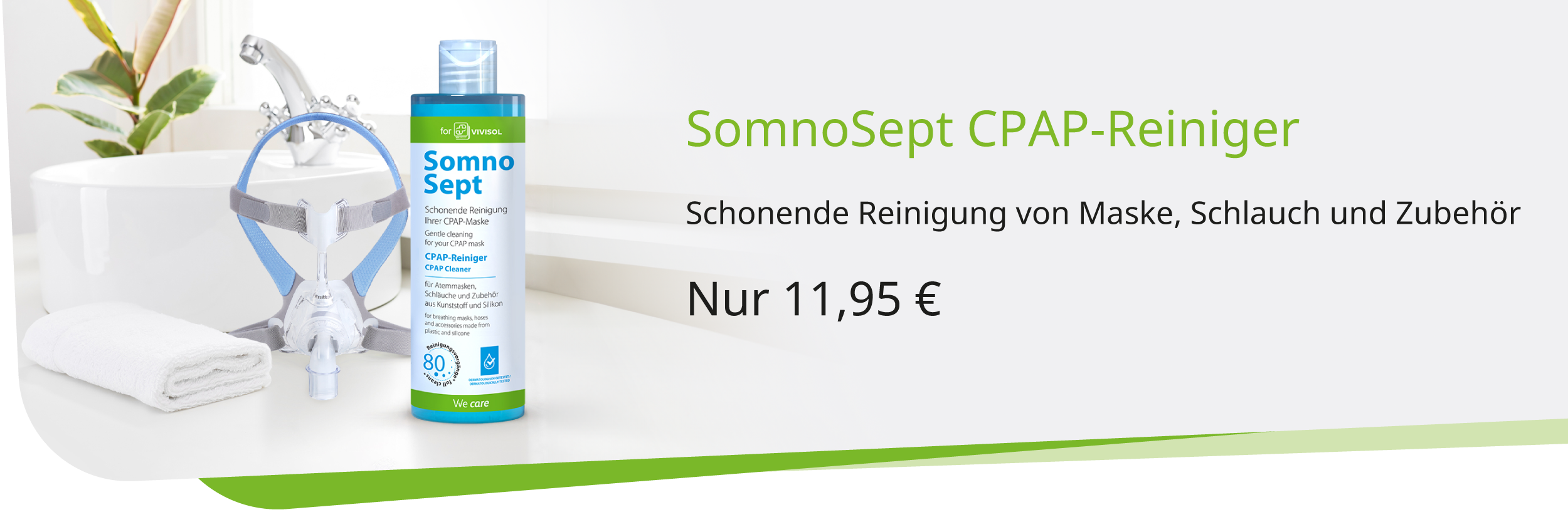 Werbebanner für den SomnoSept CPAP-Reiniger: Die Reinigungsflüssigkeit steht in einem Badezimmer neben einer CPAP-Maske und Zubehör.