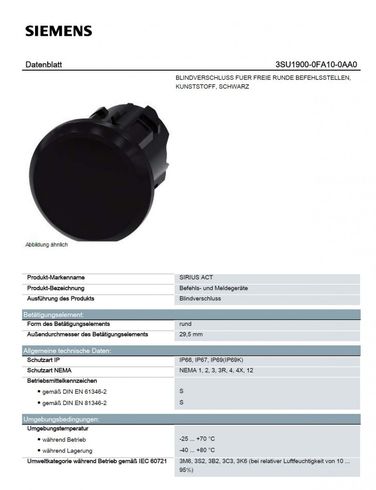 Siemens Sirius ACT Blindverschluss 22mm - 3 Stück Für Befehlsstellen