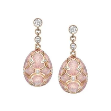 Heritage Rose Gold Diamond & Pink Guilloché Emaille Egg Drop Ohrringe