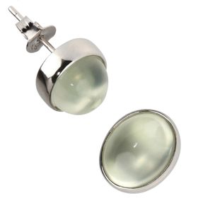 Ohrstecker Ohrschmuck aus echtem Prehnit & 925 Silber rhodiniert, oval, hellgrün