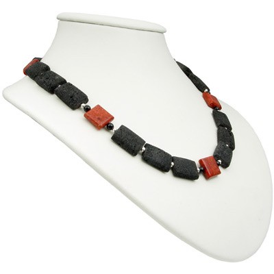 Halskette echte Koralle und Lava und Onyx