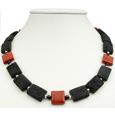 Halskette echte Koralle und Lava und Onyx