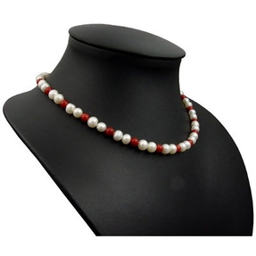 Kette Collier aus echten Süßwasserperlen & Koralle weiß rot Halskette Damen Kette Collier aus echten Süßwasserperlen & Koralle weiß rot Halskette Damen