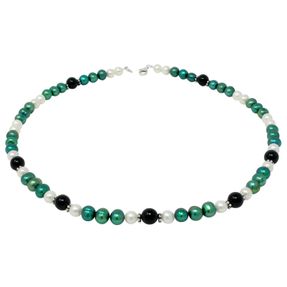 Kette Collier Halskette aus Perlen Süßwasser-Zuchtperlen & Onyx grün-schwarz-weiß 50cm