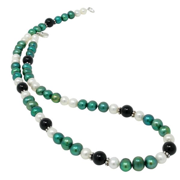 Halskette Collier aus Perlen weiß-grün und Onyx 50cm