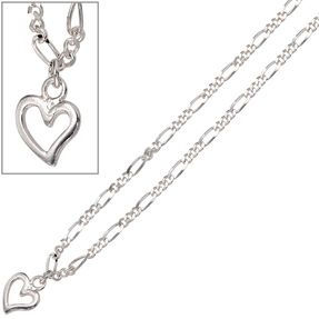 Fußkettchen Figarokette Fußkette Fußschmuck Herz aus 925 Silber 25cm