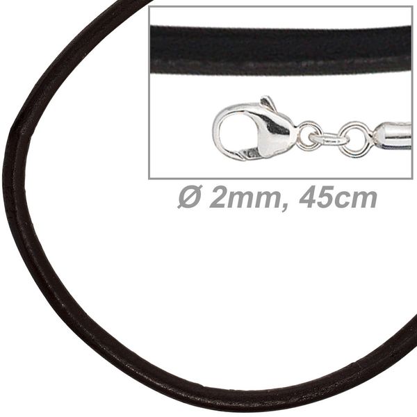 2mm Lederband schwarz Karabiner 925 45cm