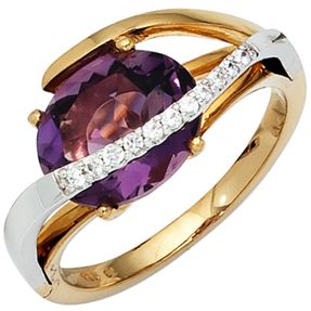 Ring Damenring Amethyst lila & 11 Diamant-Brillanten 585 Gold gelb/weiß
