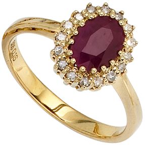 Ring Damenring mit Rubin rot 16 Diamanten Brillanten 585 Gold Gelbgold