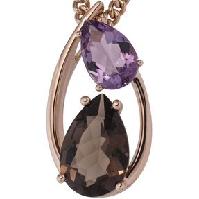 Anhänger aus Rauchquarz braun & Amethyst lila in Tropfenform 585 Gold Rotgold