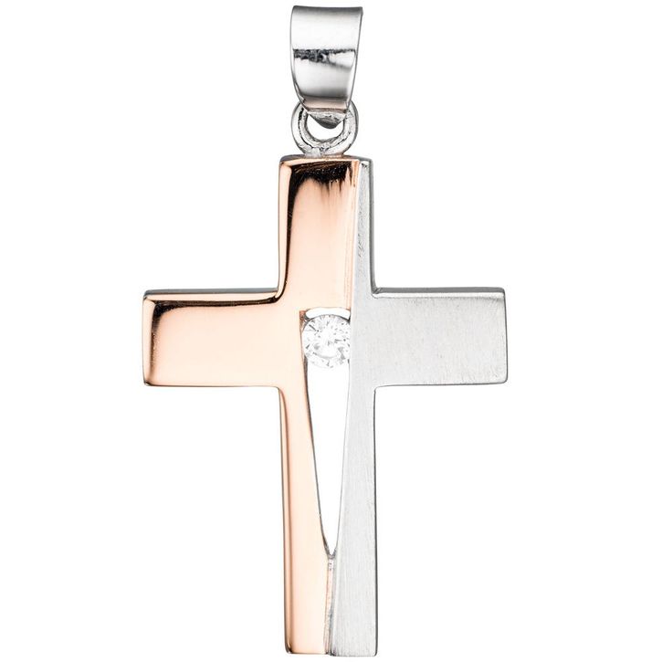 Anhänger Kreuz mit Zirkonia 925 Silber rotvergoldet