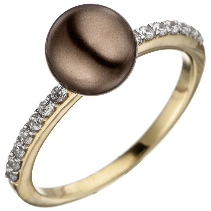 Ring mit Perle braun und Zirkonia 333 Gold bicolor