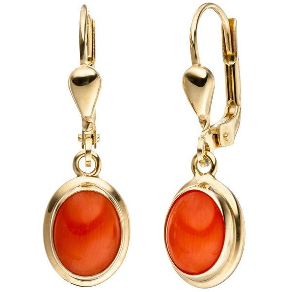 Ohrhänger mit Korallen orange oval 333 Gelbgold