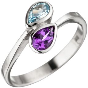 Ring Damenring mit Amethyst lila violett & Blautopas hellblau blau 925 Silber