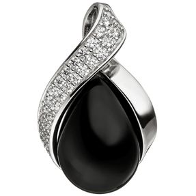 Anhänger schwarzer Onyx in Tropfenform Öse Möbius Blatt Zirkonia 925 Silber