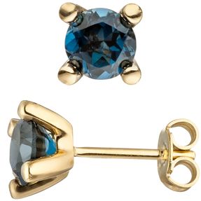 Solitär Ohrstecker Ohrschmuck mit Blautopas blau London Blue 585 Gold Gelbgold