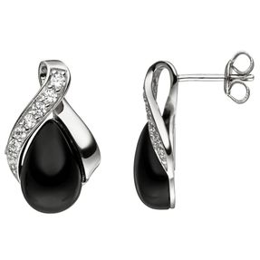 Ohrstecker mit Onyx schwarz & 14 Zirkonia weiß 925 Silber Ohrringe Ohrschmuck