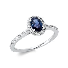 Ring Oval aus 750 Weißgold Saphir 0,57ct blau 42 Brillanten 0,23ct TW-SI B:7,1mm