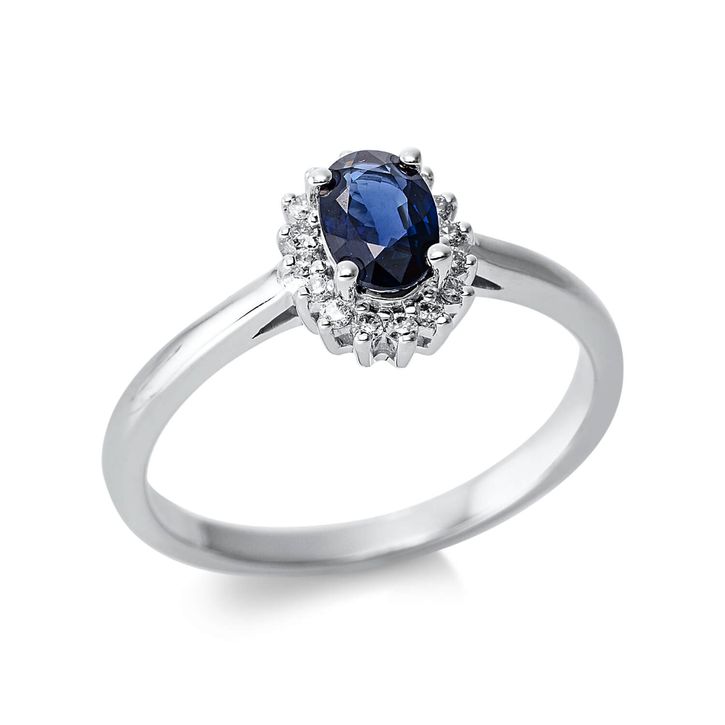 Ring 750 Weißgold Saphir 0.6ct blau 16 Diamanten B 8.8mm