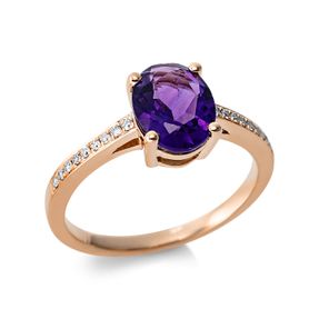 Ring Oval aus 750 Rotgold Amethyst 1,35ct lila 18 Brillanten 0,08ct TW-SI B:8,7mm