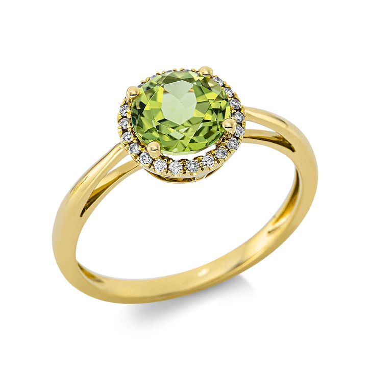 Ring 750 Gelbgold Peridot 1.6ct grün 22 Diamanten
