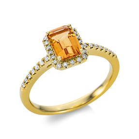 Ring aus 750 Gelbgold Citrin 0,85ct gelb 34 Brillanten 0,11ct TW-SI B:8,4mm