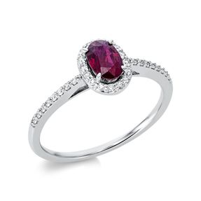 Ring aus 750 Weißgold Rubin 0,54ct rot 32 Brillanten 0,14ct TW-SI B:8,1mm