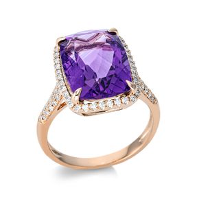 Ring aus 750 Rotgold Amethyst 7ct lila 76 Brillanten 0,37ct TW-SI B:16mm 4er-Krappe