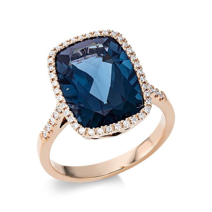 Ring 750 Rotgold Topas 8.3ct London blu 50 Diamanten B 15.9mm