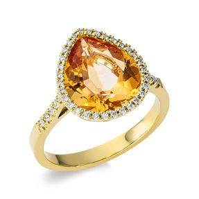 Ring Tropfen aus 750 Gelbgold Citrin 3,6ct gelb 43 Brillanten 0,17ct TW-SI B:14,1mm