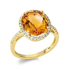 Ring Oval aus 750 Gelbgold Citrin 4,6ct gelb 42 Brillanten 0,19ct TW-SI B:14,4mm