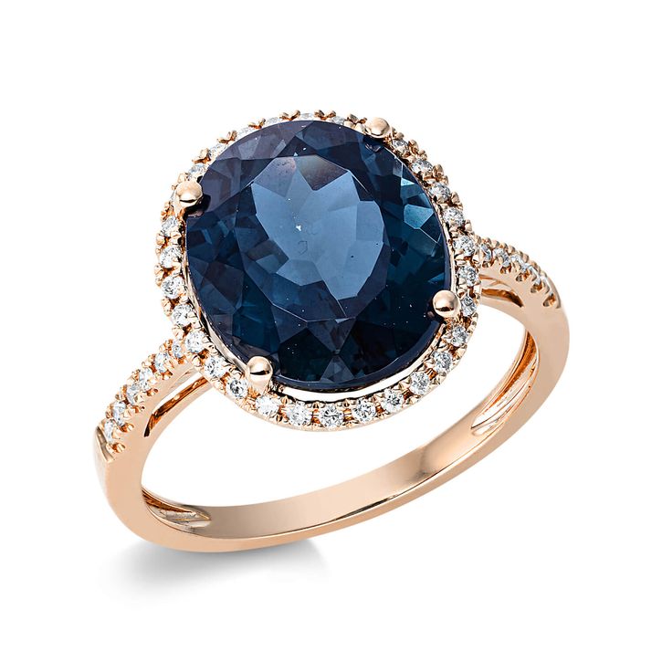 Ring 750 Rotgold Topas 6.3ct London blu 42 Diamanten B 14.1mm