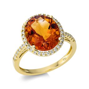 Ring Oval 750 Gelbgold Citrin 4,3ct mandarin 42 Brillanten 0,19ct TW-SI B:14,2mm