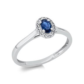 Ring Oval aus 750 Weißgold Saphir 0,32ct blau 16 Brillanten 0,05ct TW-SI B:7,4mm