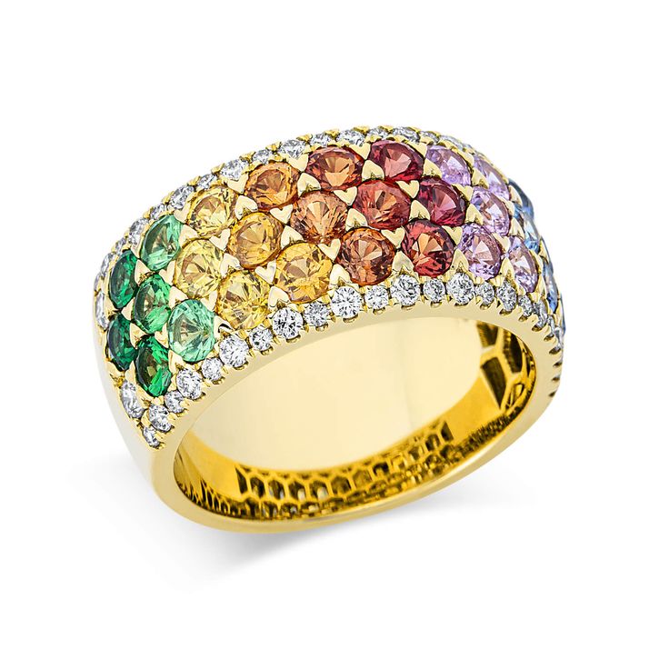 Ring 750 Gelbgold 31 Saphire 3.48ct multicolor B 10.3mm