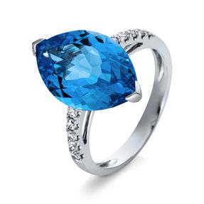 Ring spitzoval aus 750 Weißgold Blautopas 8,9ct blau 10 Brillanten 0,23ct TW-SI