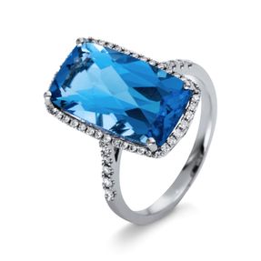 Ring Rechteck aus 750 Weißgold Blautopas 8,2ct blau 56 Brillanten 0,28ct TW-SI