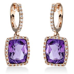 Ohrschmuck Ohrhänger 750 Rotgold 2 Amethyste 6,3ct lila 64 Brillanten 0,26ct TW-SI