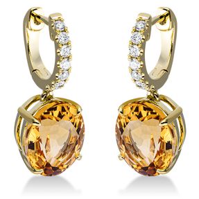 Ohrschmuck Ohrhänger Oval 750 Gelbgold 2 Citrine 7ct gelb mit Brillanten 23,5x9mm