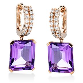 Ohrschmuck Ohrhänger 750 Rotgold 2 Amethyste 8,8ct lila 32 Brillanten 0,26ct TW-SI