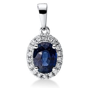 Anhänger Oval aus 750 Weißgold Saphir 0,92ct blau 18 Brillanten 0,12ct TW-SI