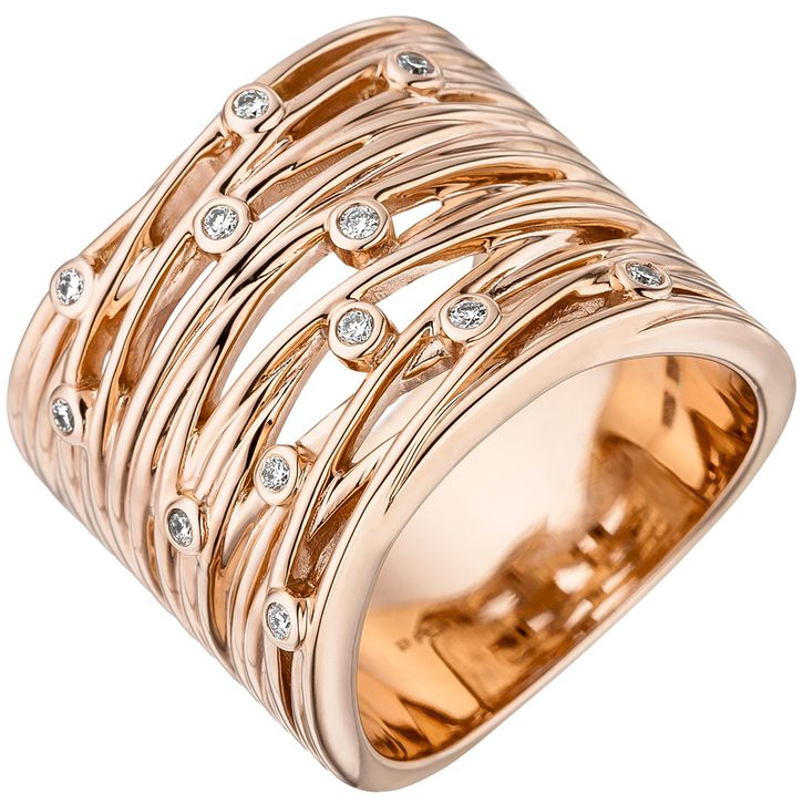 Breiter Ring mit 12 Brillanten 0,14 Ct. 585 Rotgold