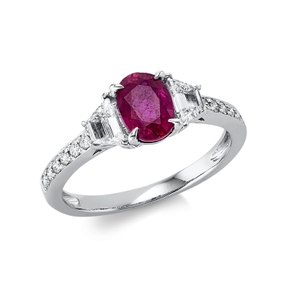 Ring aus 750 Weißgold Rubin 1,21ct rot 14 Diamanten 0,48ct TW-SI B:7mm 4er-Krappe
