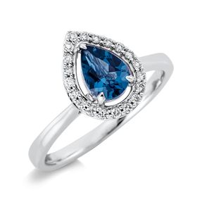 Ring Tropfen aus 750 Weißgold Topas 0,85ct London Blue 20 Brillanten 0,12ct TW-SI