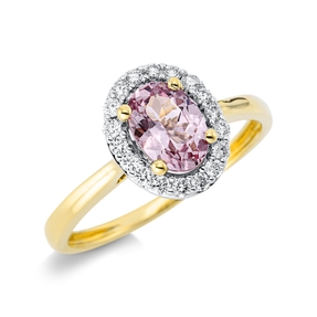 Ring Oval aus 750 Gelbgold Granat 1,04ct rosa 18 Brillanten 0,2ct TW-SI B:10,4mm Ring Oval aus 750 Gelbgold Granat 1,04ct rosa 18 Brillanten 0,2ct TW-SI B:10,4mm