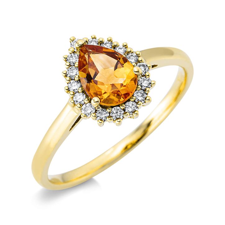 Ring 750 Gelbgold Citrin 0.62ct gelb 16 Diamanten B 10.4mm