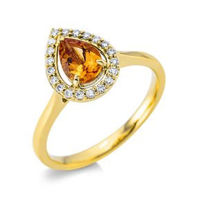 Ring Tropfen 750 Gelbgold Citrin 0,62ct gelb 20 Brillanten 0,12ct TW-SI B:11,5mm