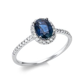 Ring Oval aus 750 Weißgold Saphir 1,1ct blau 38 Brillanten 0,19ct TW-SI B:7,5mm